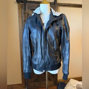 Danier Black Leather Bomber Jacket with Hood